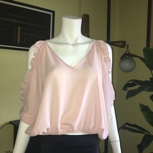 Sexy chic pink ruffle crop blouse glam cold shoulder boho shirt coquette